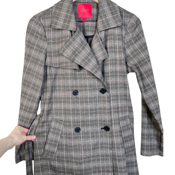 NWOT Jennifer Lopez Gray Plaid Belted Wrap Tie Waist Trench Coat Red Small - Picture 4 of 12